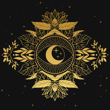 Vector illustration of the moon and stars in the mandala on a black background.のイラスト素材
