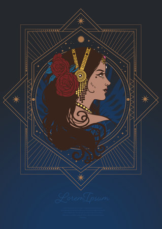Vector illustration of a girl with a rose in her hair on a dark background.のイラスト素材