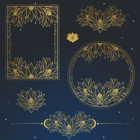 Set of gold lotus flowers on dark background. vector illustration.のイラスト素材