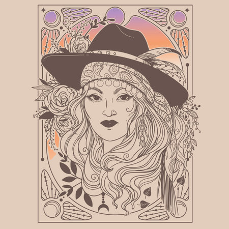 Beautiful girl in a hat with flowers. vector illustration. vintage style.のイラスト素材