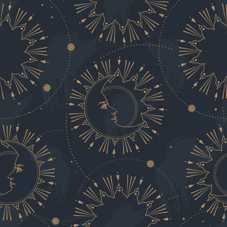 Seamless pattern with sun, moon and stars. vector illustration.のイラスト素材