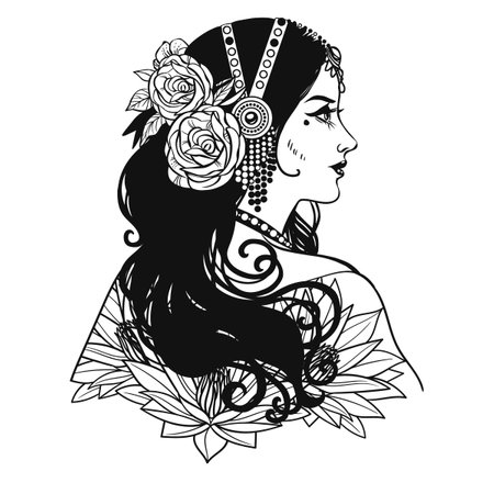 Black and white vector illustration of a beautiful girl with flowers in her hair.のイラスト素材