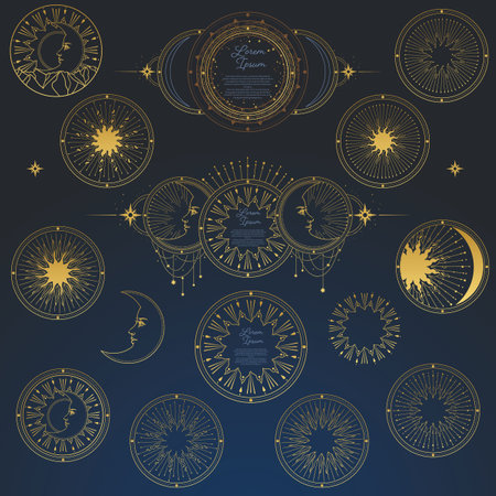 Set of abstract cosmic elements. Vector design elements with golden sun, moon, stars on dark blue backgroundのイラスト素材
