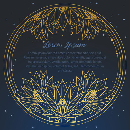 Lotus flower round frame on dark blue background. vector illustration.のイラスト素材