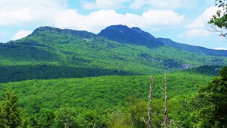 Blue Ridge Appalachian Mountain View Scene with Trees and Bushes, Grass, Sky, Cloudsの写真素材