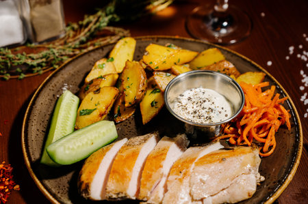 Dish with fried potatoes with meat on a plate on a wooden tableの写真素材