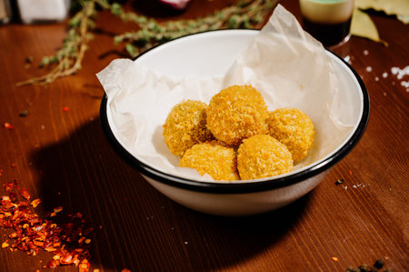 Potato croquettes - mashed potatoes balls breaded and deep fried, served with different sauce.