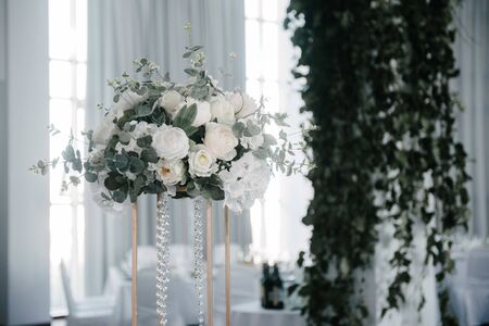 Festive and solemn decoration of the banquet room on the wedding dayの写真素材
