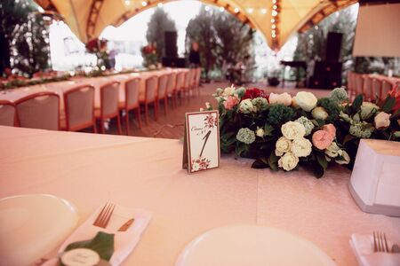 Festive and solemn decoration of the banquet room on the wedding dayの写真素材