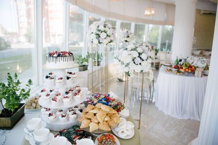 Festive and solemn decoration of the banquet room on the wedding dayの写真素材