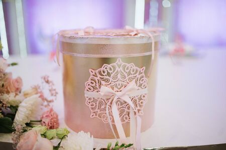 Festive and solemn decoration of the banquet room on the wedding dayの写真素材