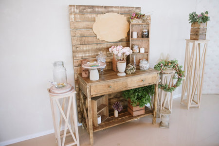 Festive and solemn decoration of the banquet room on the wedding dayの写真素材