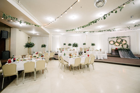 Festive and solemn decoration of the banquet room on the wedding dayの写真素材