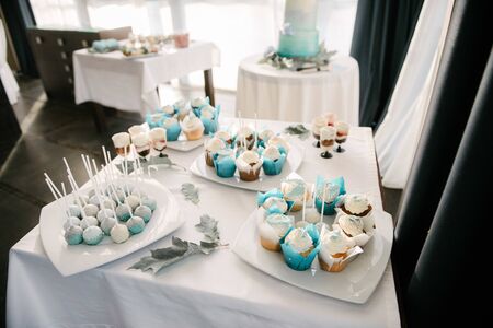 Sweet dessert table at a wedding.Cakestand at a wedding dayの写真素材