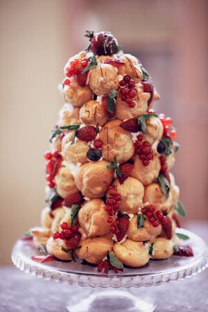 Sweet dessert table at a wedding.Cakestand at a wedding dayの写真素材