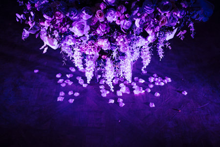 white petals of roses lie on the floor in the dark
