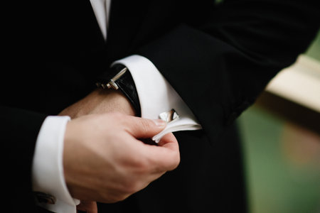 Man in suit straightens shirt sleeve