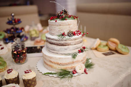 Big wedding cake close-up on the wedding tableの写真素材