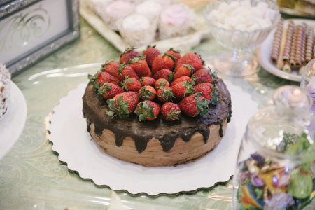 wedding cake with strawberries close-up