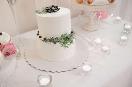 Big white wedding cake with fruit is on the table close upの写真素材