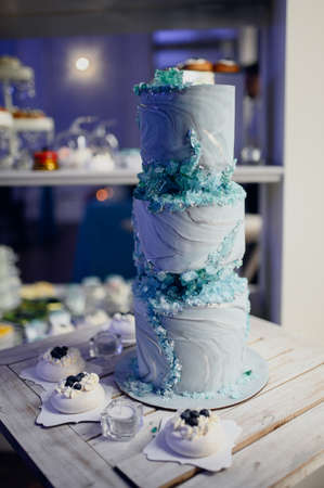 Big wedding cake close-up on the wedding tableの写真素材