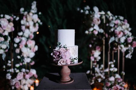 Big white wedding cake with fruit is on the table close upの写真素材