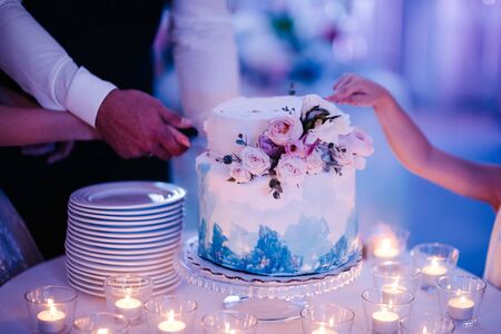 Bride and groom cut the wedding cakeの写真素材