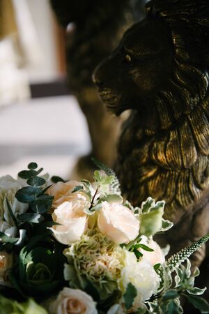 White bouquet of flowers lying on the floor close upの写真素材