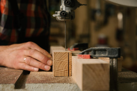 Working process in the carpentry workshop.A man in overalls works on a band saw in a carpentry...