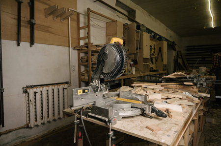 Circular saw close up in a carpentry workshop.Equipment and tools in a carpentry...