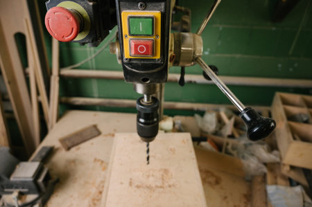 Wood Drilling Machine close up in a carpentry workshop.Equipment and tools in a carpentry...