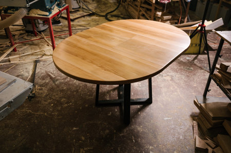 Brown, light brown wooden round dining table. Modern designer, dining table on dark background....