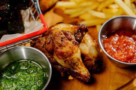 Barbecue grilled chicken wings close up with fries, sauce on wooden board on a dark background. Meat...