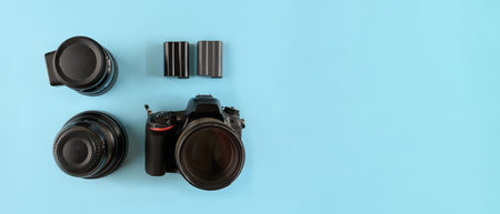 Photographer's equipment. Flat lay composition with photographer's equipment and accessories on...