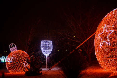 large street garland in the form of a toy in the form of a red Christmas ballの写真素材