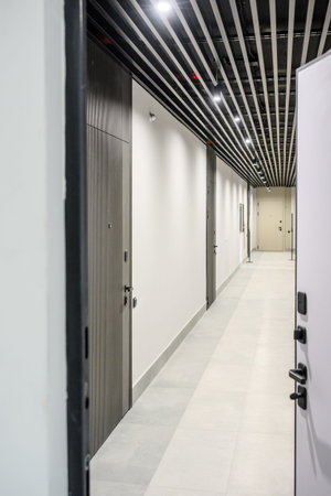 View of a modern hallway featuring multiple doors and sleek lighting fixtures, showcasing a...