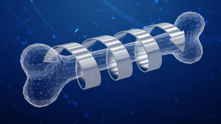 The healing of a human bone with spiral arrow on abstract dark background. The bone is represented by wireframe as a symbol of modern technology. 3D illustration.の写真素材