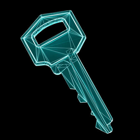 Three-dimensional key icon isolated on black background. 3D illustration.の写真素材