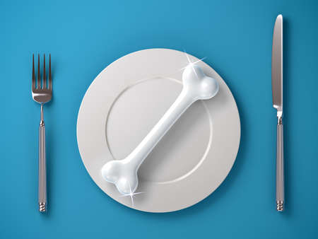 Shining bone on a plate isolated on blue background is prepared for to be eaten. 3D Illustration.の写真素材