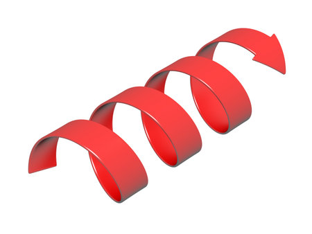 Spiral red arrow isolated on white background as a symbol of development or an element of design. 3D illustration.の写真素材