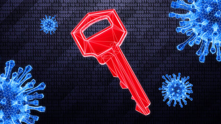 Red three-dimensional key icon isolated on hi-tech binary background in cyberspace infected by...
