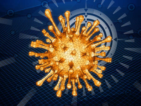 Virus as 3D mesh is detected on dark hi-tech background in cyberspace during scan. 3D Illustration.の写真素材
