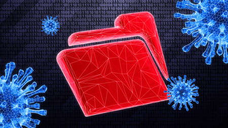 Red infected file icon as a 3D mesh is detected on dark hi-tech background in binary cyberspace during scan. 3D illustration.の写真素材