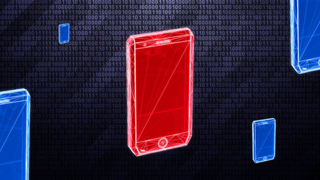 Red infected smartphone model as a 3D mesh is detected on dark hi-tech background in binary...