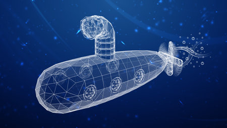 3D mesh submarine is detected on dark blue background during scan in cyberspace as a symbol of...