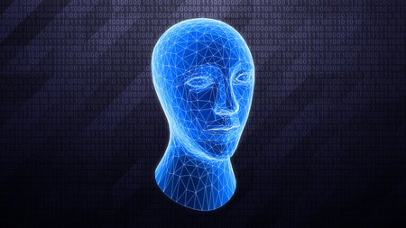 Three-dimensional human head isolated on dark hi-tech background in binary cyberspace. 3D...