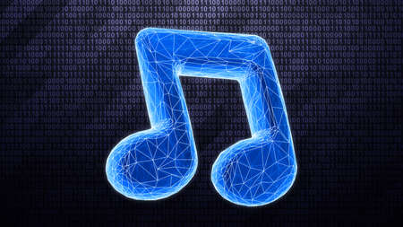 Three-dimensional musical note isolated on dark hi-tech background in binary cyberspace. 3D illustration.の写真素材