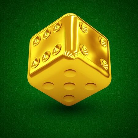 Golden dice on casino table. 3d illustration.の写真素材