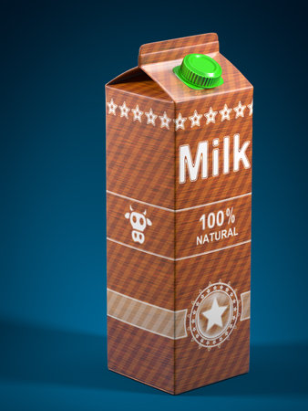 Single milk box isolated on blue background. 3D Illustration.の写真素材