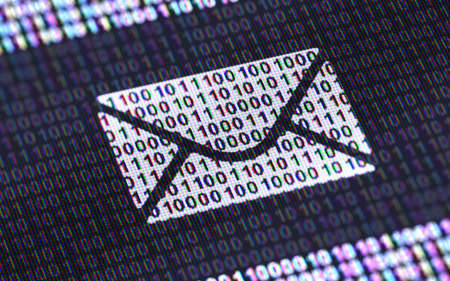 E-mail icon in display with binary code ( array of bits ). 3D Illustration.の写真素材